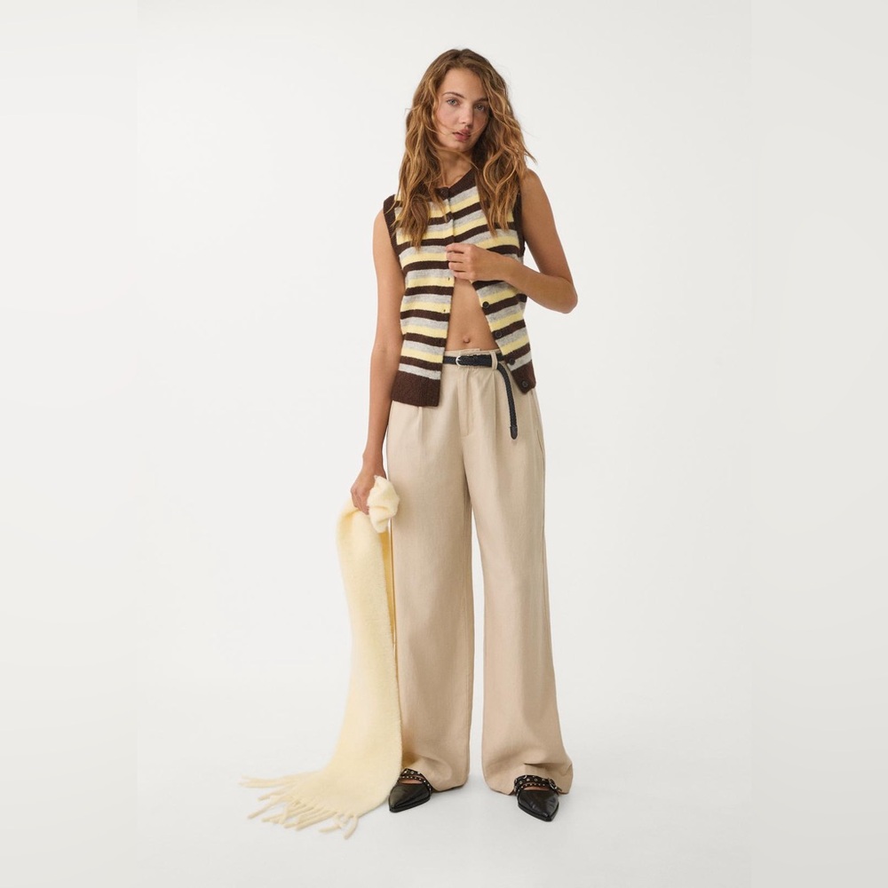 NWT Stradivarius Beige Linen Blend Belted Pants Size 4